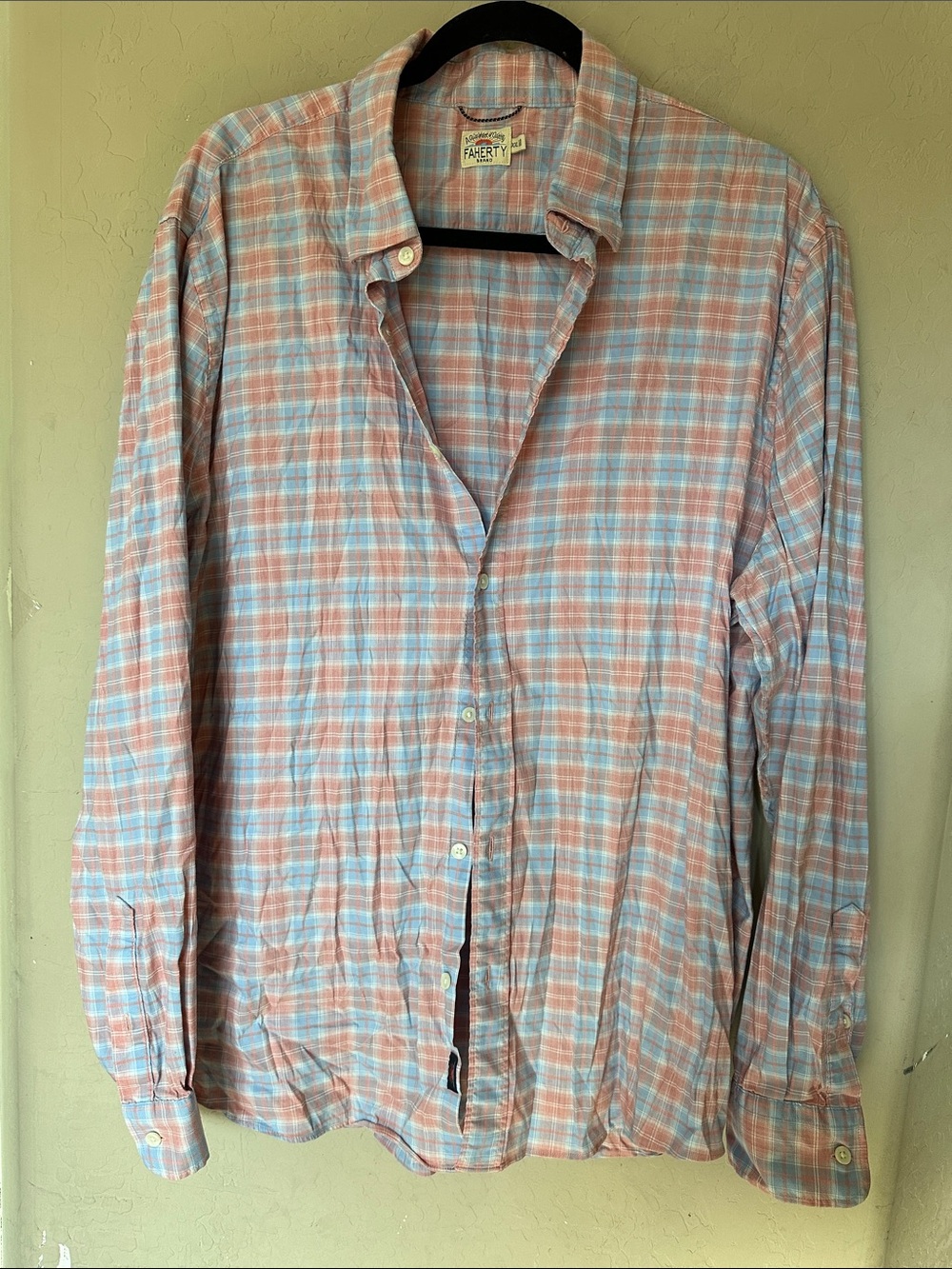 Faherty Plaid Button-Down Shirt in Light Blue and Peach
